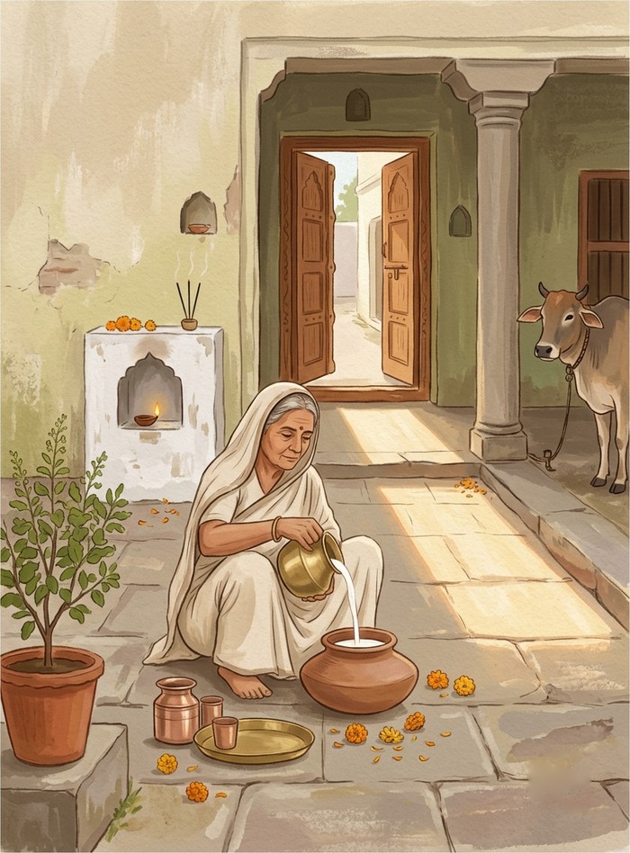 courtyard, milk being poured, low sun through a doorway, an illustration for Raag Ahir Bhairav
