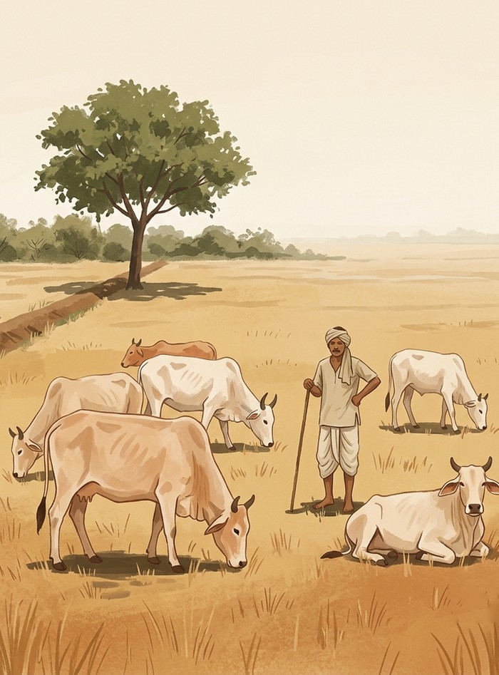 open field at noon, cattle, no shadows, an illustration for Raag Brindavani Sarang