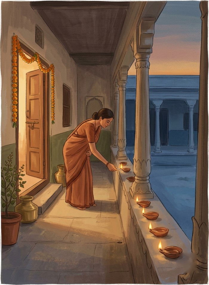 lamps being lit one by one along a veranda, an illustration for Raag Yaman
